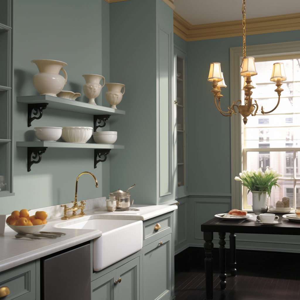 AI generated image of a kitchen that uses Benjamin Moore's "Smoke" paint color.