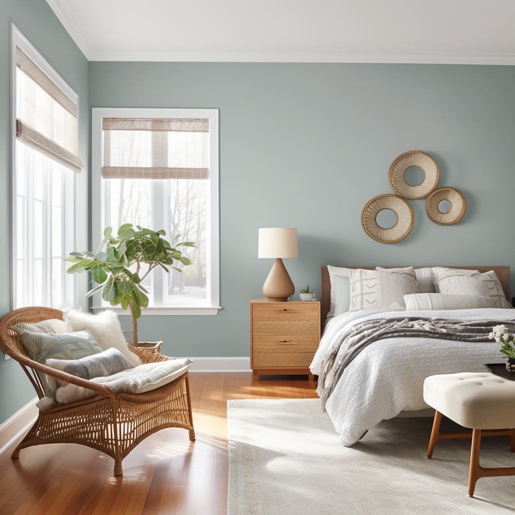 AI generated bedroom in a bohemian style that uses Benjamin Moore's Wedgewood Gray paint color