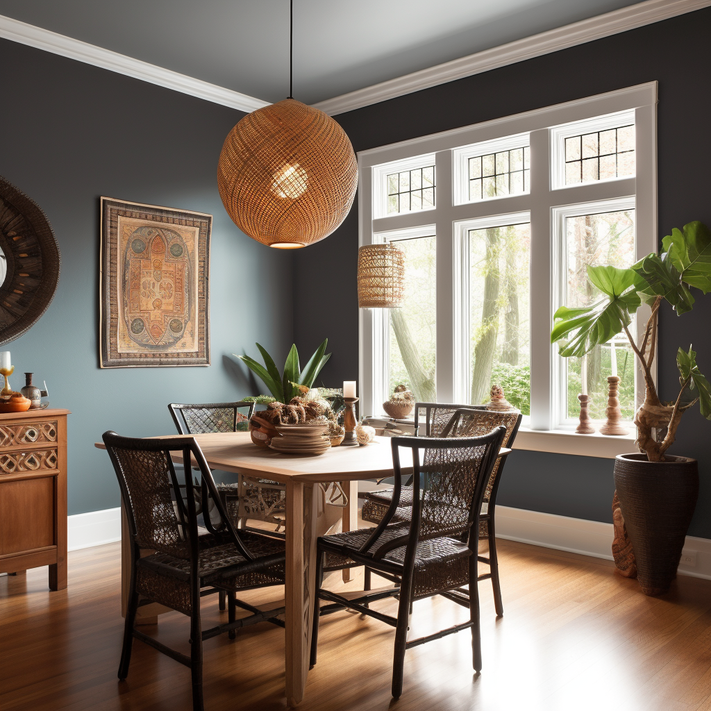 AI generated image of a global style dining room using Sherwin-Williams "Slate Tile paint color.