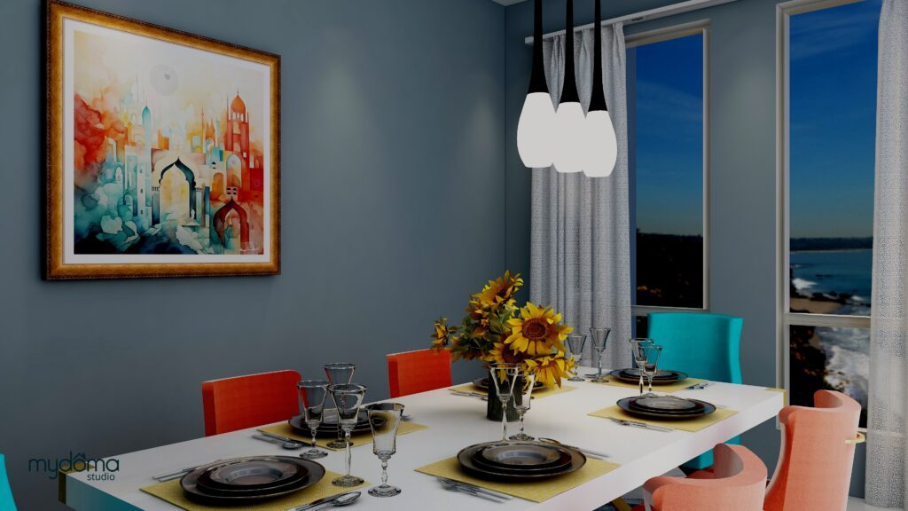 A global style dining room using Sherwin-Williams "Slate Tile paint color. Edesign and Heart of India energy art by Northern Lights home Staging and Design.