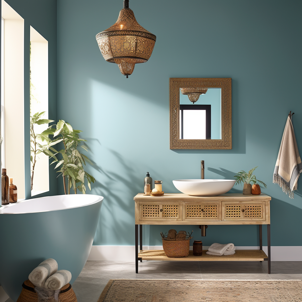 An AI generated image of a global styel bathroom that uses Sherwin Williams "Atmospheric" paint color.
