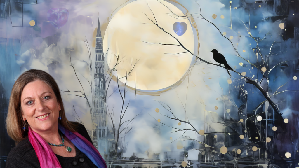 Mary Ann Benoit with her "Crow Medicine #2" AI/fractal energy art collage.