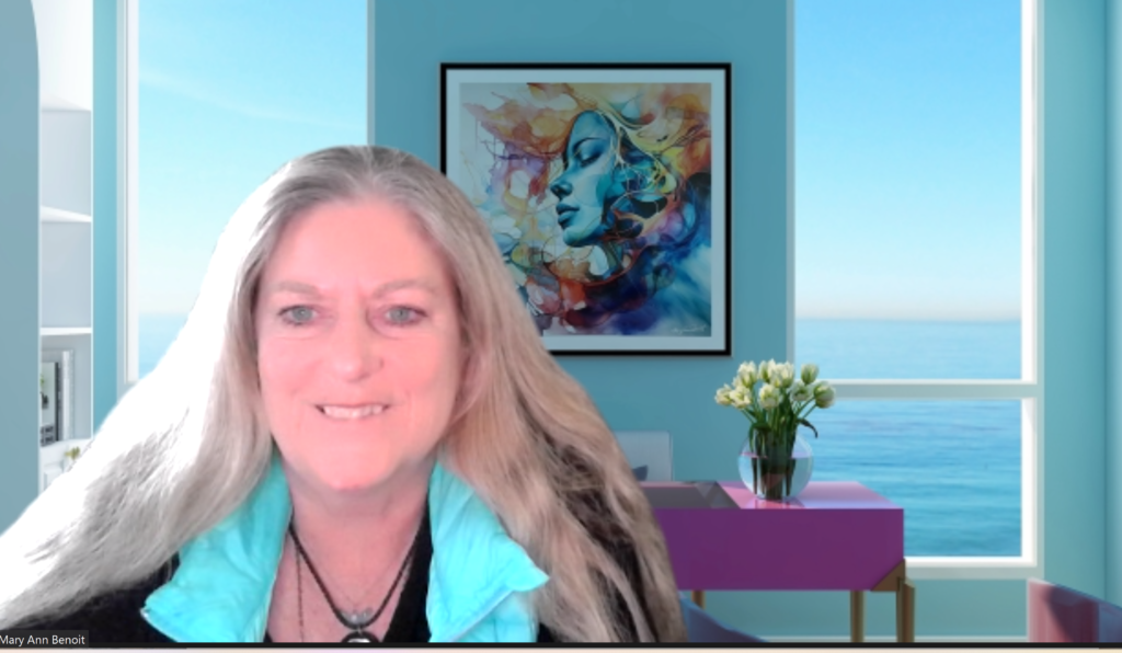 Mary Ann Benoit, with her AI/fractal art collage, "Prosperity" in the background in an office she designed.