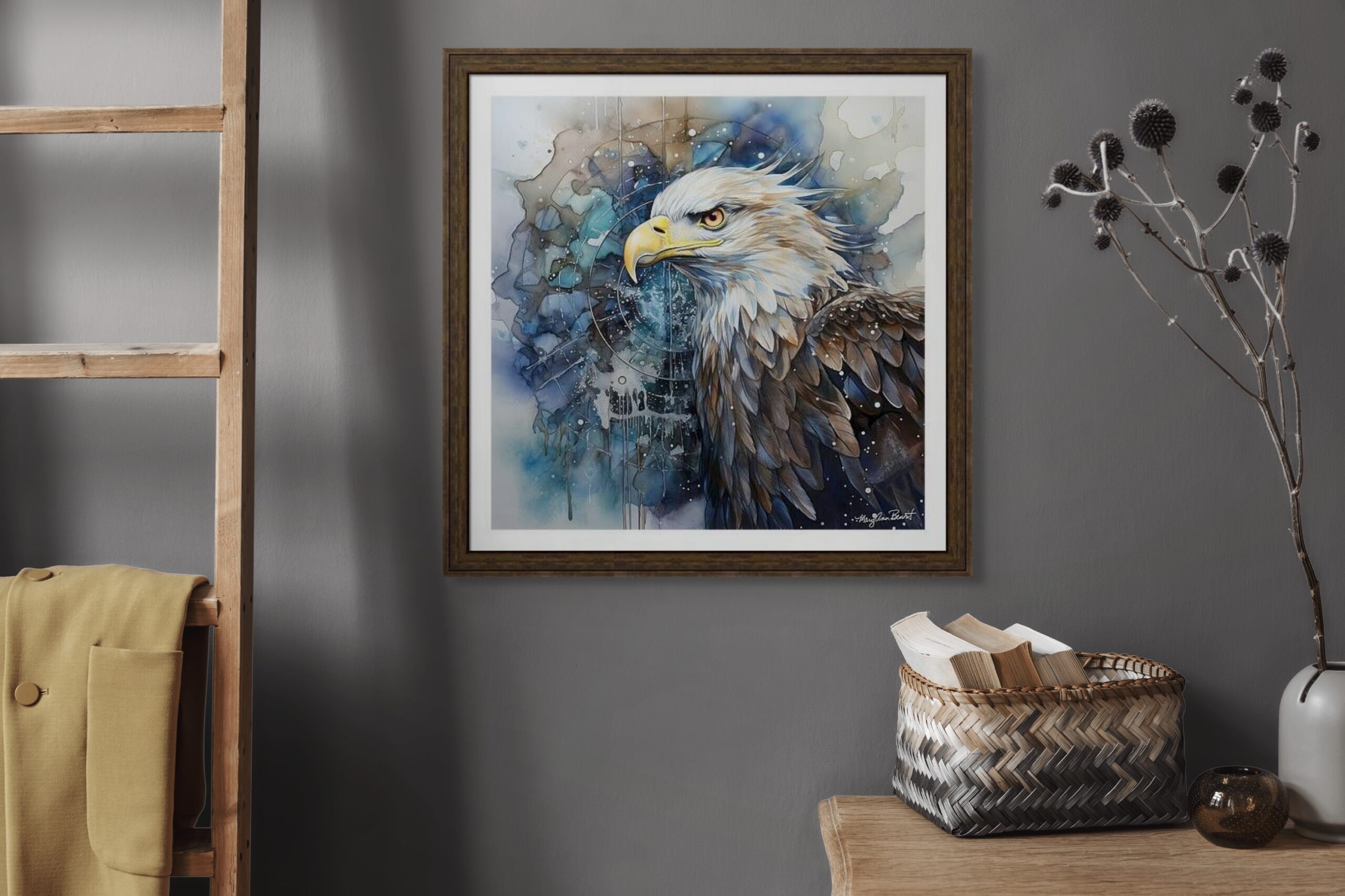 "Vision" energy art by Mary Ann Benoit highighted in a room. Bald Eagle Wisdom.