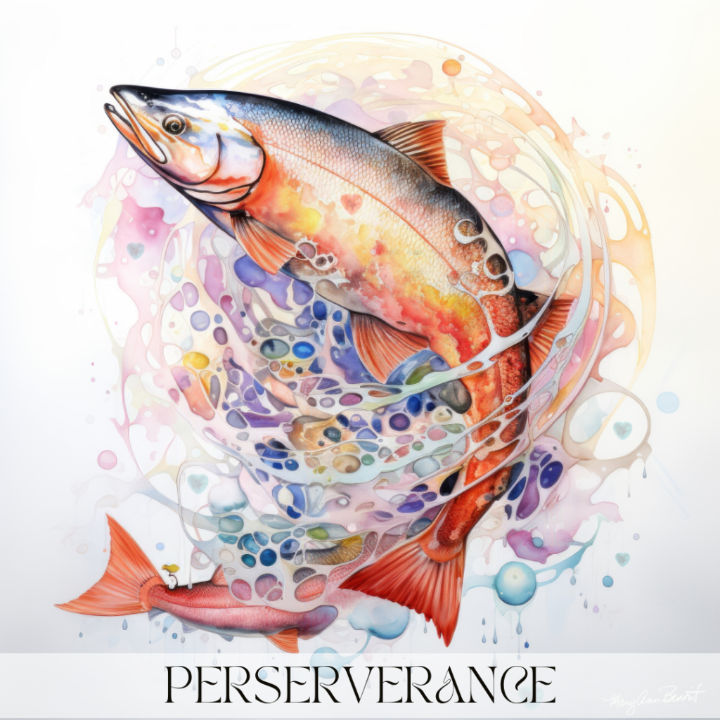 "Perserverance"- Salmon Wisdom Energy art by Mary Ann Benoit in "A Message From The Animals", a digital oracle deck on Deckible.