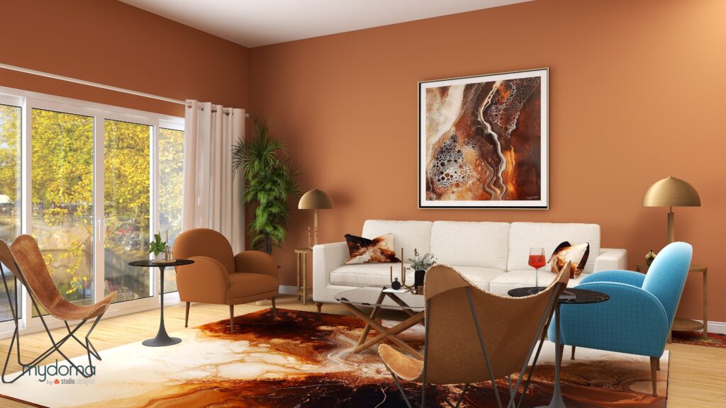 Energy art piece "Mocha Muse" inspired by Pantone’s Color of the Year, Mocha Mousse highlighted in an edesign by Northern Lights Home Staging and Design with Mocha Mousse wall colors.