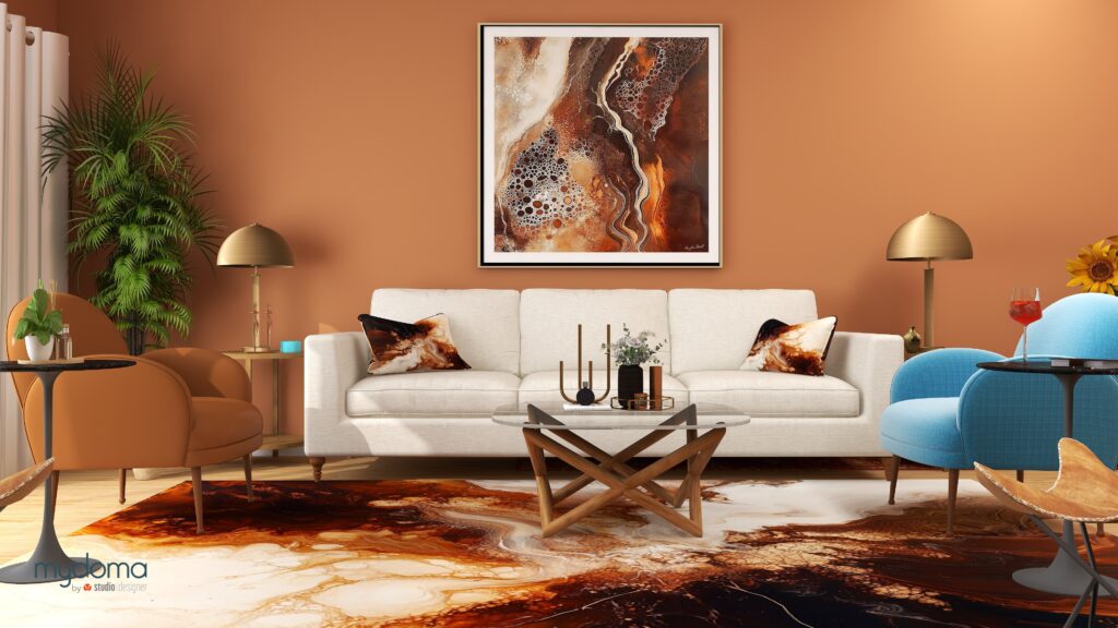 Energy art piece "Mocha Muse" inspired by Pantone’s Color of the Year, Mocha Mousse highlighted in an edesign by Northern Lights Home Staging and Design with Mocha Mousse wall colors.