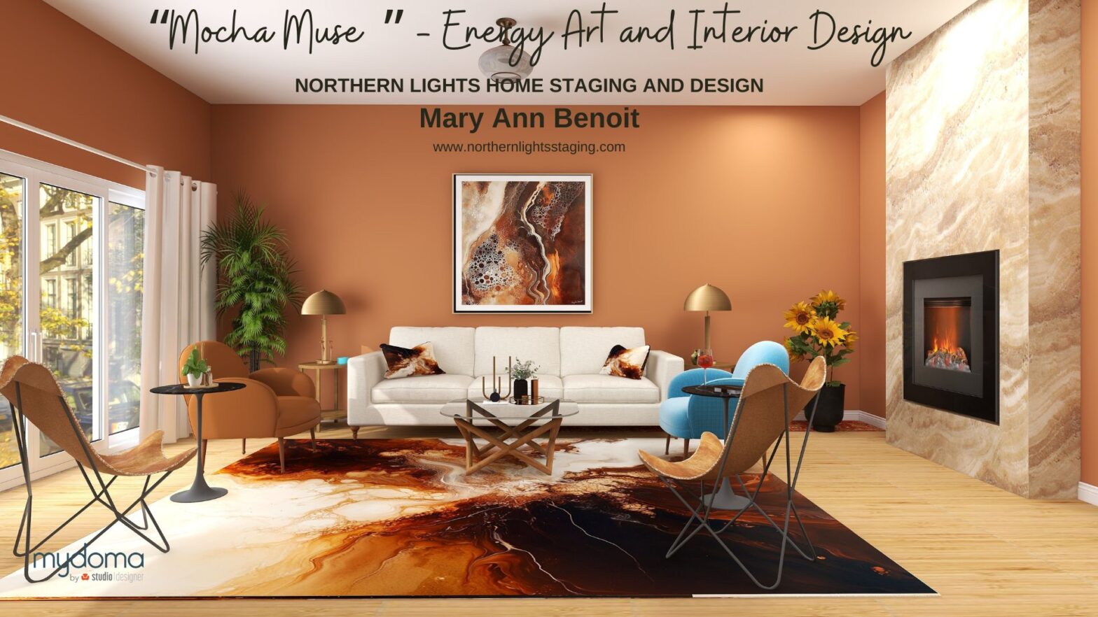 Energy art piece "Mocha Muse" inspired by Pantone’s Color of the Year, Mocha Mousse highlighted in an edesign by Northern Lights Home Staging and Design with Mocha Mousse wall colors.