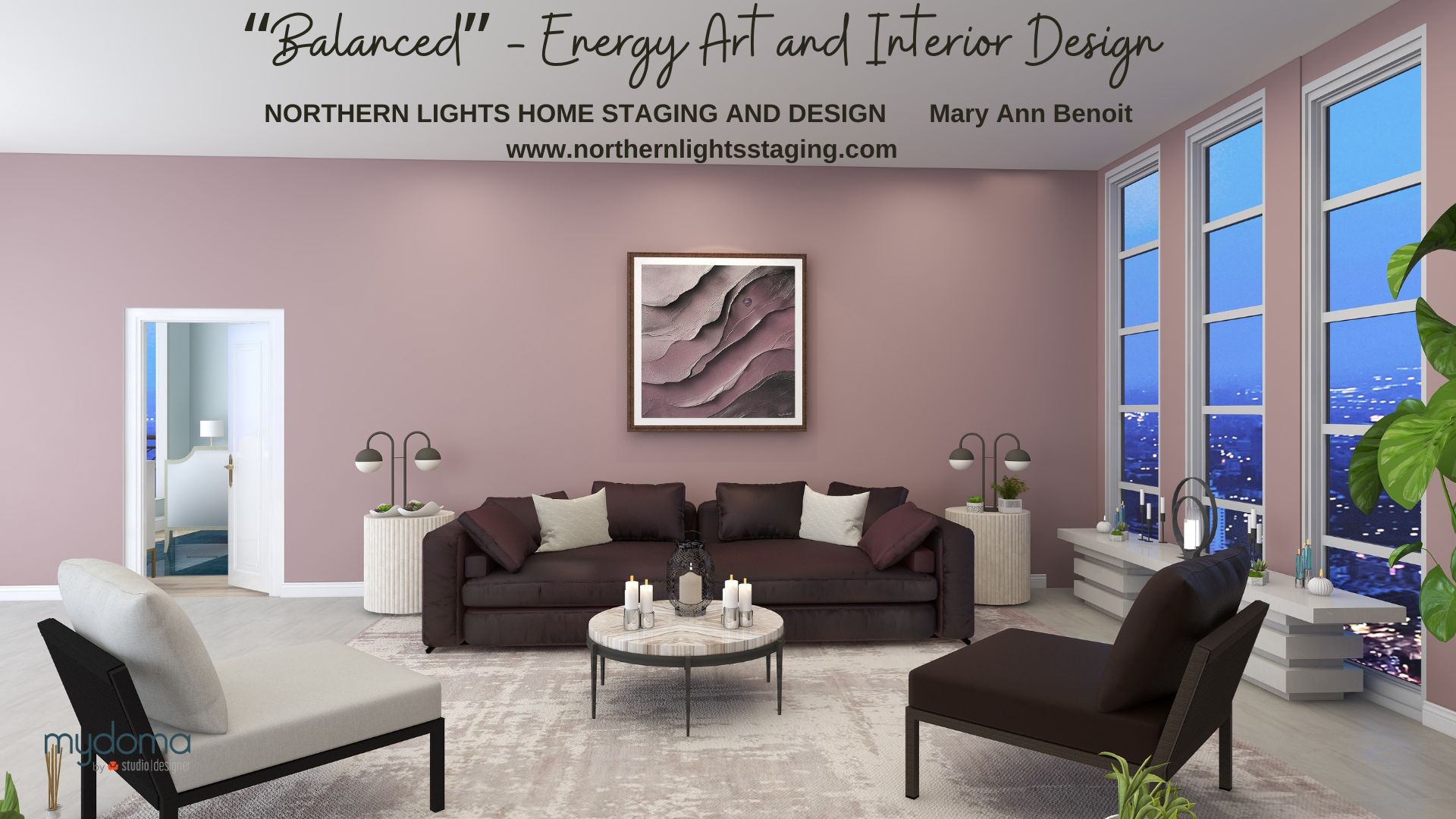 "Balanced energy art by Mary Ann Benoit displayed in a modern living room with Cinnamon Slate walls, elegant furnishings, and serene ambiance."