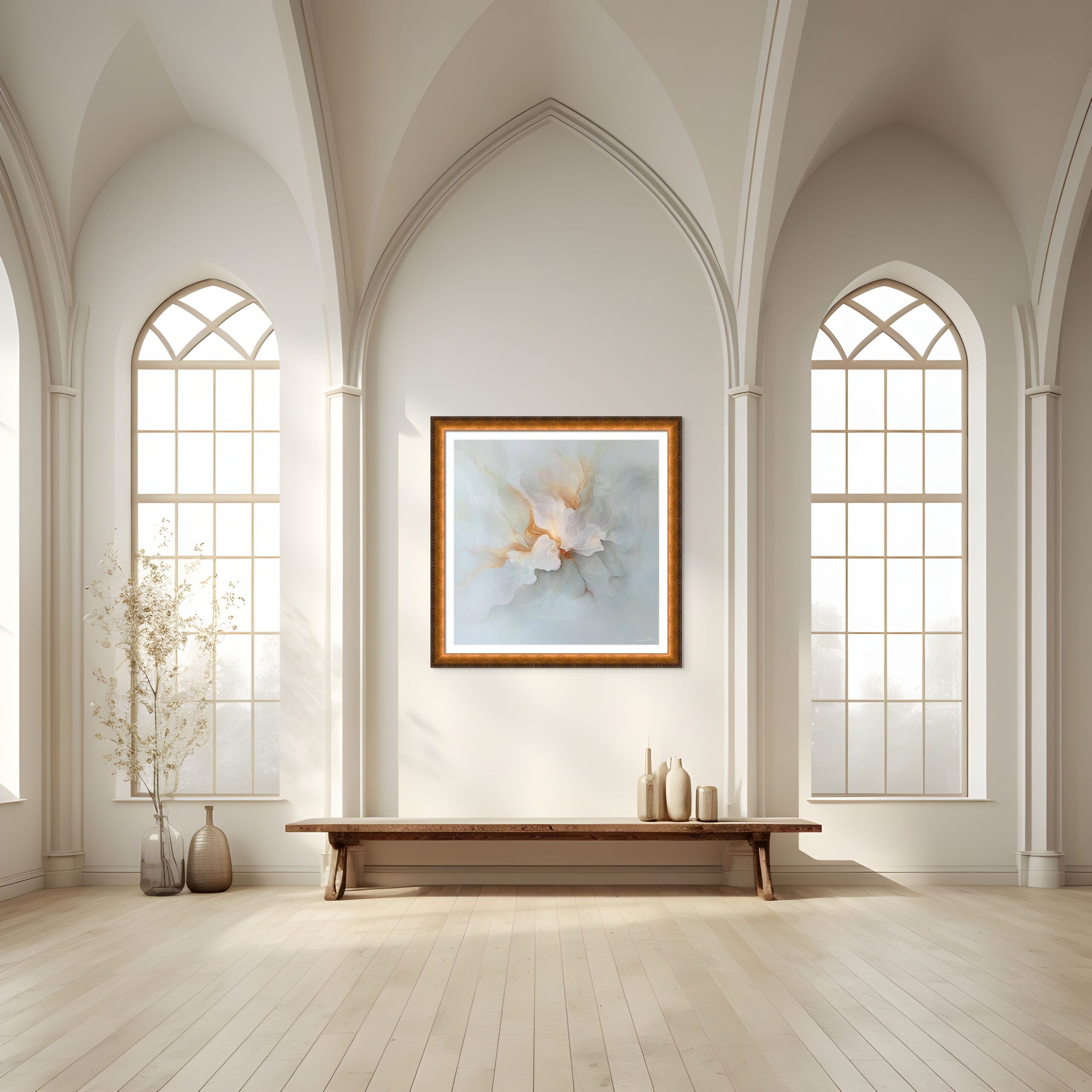 Whispers of Light #5 energy art by Mary Ann Benoit in a meditation space from Artplacer.