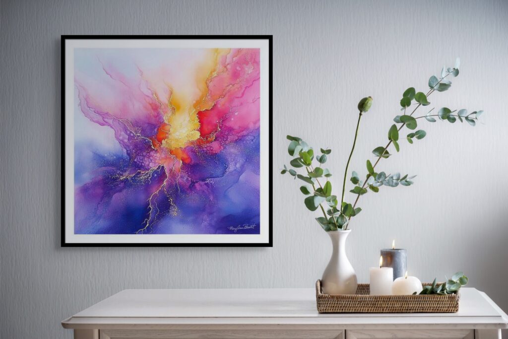 Attract: Ignition is a powerful invitation to awaken your magnetism and spark aligned manifestation. Created in vibrant watercolor tones of violet, fuchsia, and radiant gold, this piece centers on a burst of luminous energy—symbolizing the moment of clarity and commitment when desire becomes action. Thin golden streaks crackle across the canvas like electric intention, illuminating your readiness to receive. Infused with the vibrational energy of the Seed of Life and Fractal Heart, this piece becomes an energetic partner—supporting you in attracting abundance, joy, and momentum for your next chapter.