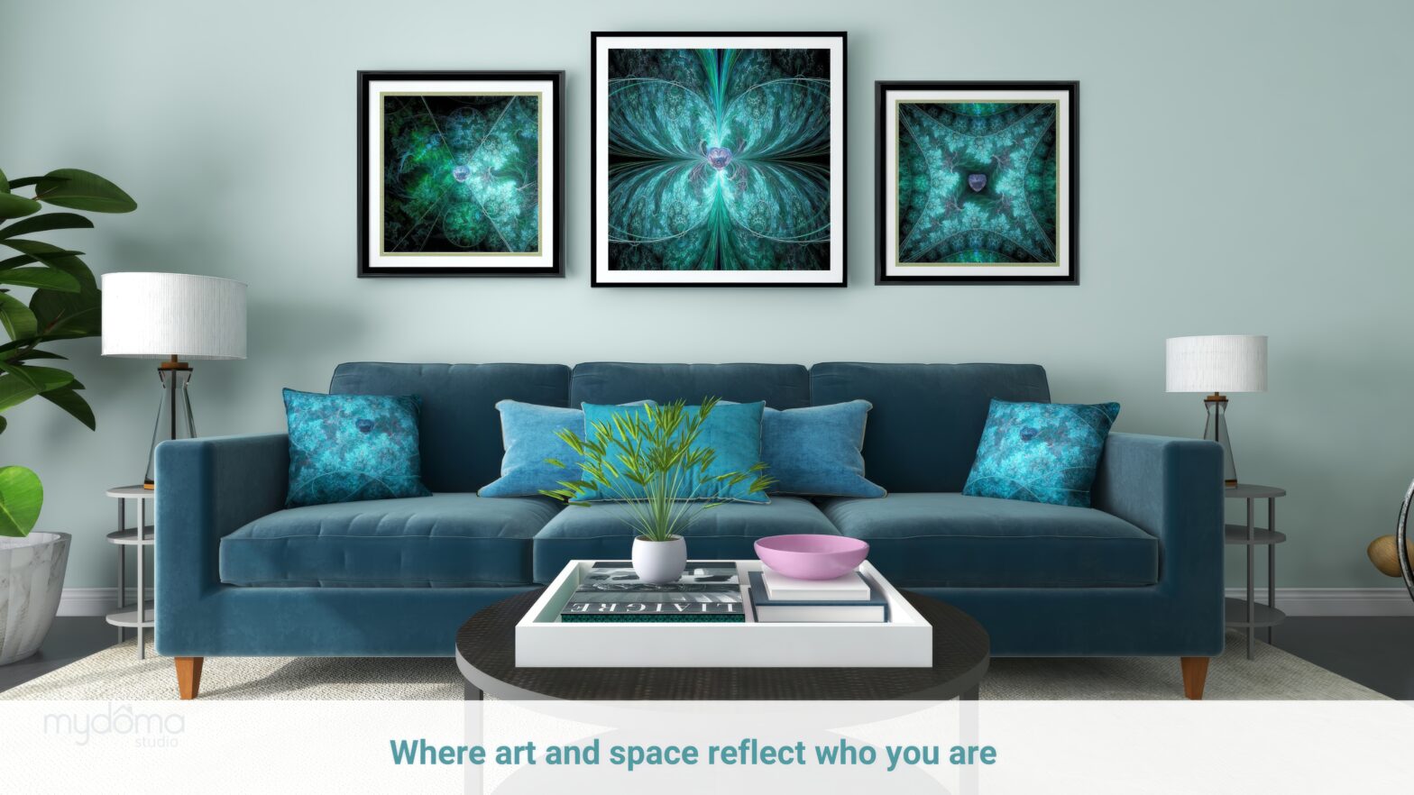 Modern living room featuring Mary Ann Benoit’s fractal energy art series “Stories of the Future” displayed above a sofa in a neutral, contemporary space.